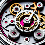 A captivating macro photograph of the intricate inner workings of a mechanical chronograph watch. The scene highlights the complex ballet of tiny polished gears, taut springs, and delicate levers, showcasing exquisite craftsmanship and precision engineering. Each minuscule component is perfectly machined and assembled with meticulous detail. Soft, directional lighting illuminates the metallic finishes and ruby jewels, emphasizing the intricate mechanics. The background is a blurred, sophisticated workshop environment, adding to the professional atmosphere. This image embodies mechanical perfection and the timeless art of horology, safe for work, appropriate content, professional quality.