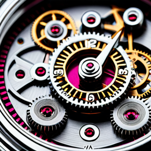 A captivating macro photograph of the intricate inner workings of a mechanical chronograph watch. The scene highlights the complex ballet of tiny polished gears, taut springs, and delicate levers, showcasing exquisite craftsmanship and precision engineering. Each minuscule component is perfectly machined and assembled with meticulous detail. Soft, directional lighting illuminates the metallic finishes and ruby jewels, emphasizing the intricate mechanics. The background is a blurred, sophisticated workshop environment, adding to the professional atmosphere. This image embodies mechanical perfection and the timeless art of horology, safe for work, appropriate content, professional quality.