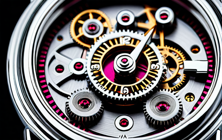 A captivating macro photograph of the intricate inner workings of a mechanical chronograph watch. The scene highlights the complex ballet of tiny polished gears, taut springs, and delicate levers, showcasing exquisite craftsmanship and precision engineering. Each minuscule component is perfectly machined and assembled with meticulous detail. Soft, directional lighting illuminates the metallic finishes and ruby jewels, emphasizing the intricate mechanics. The background is a blurred, sophisticated workshop environment, adding to the professional atmosphere. This image embodies mechanical perfection and the timeless art of horology, safe for work, appropriate content, professional quality.
