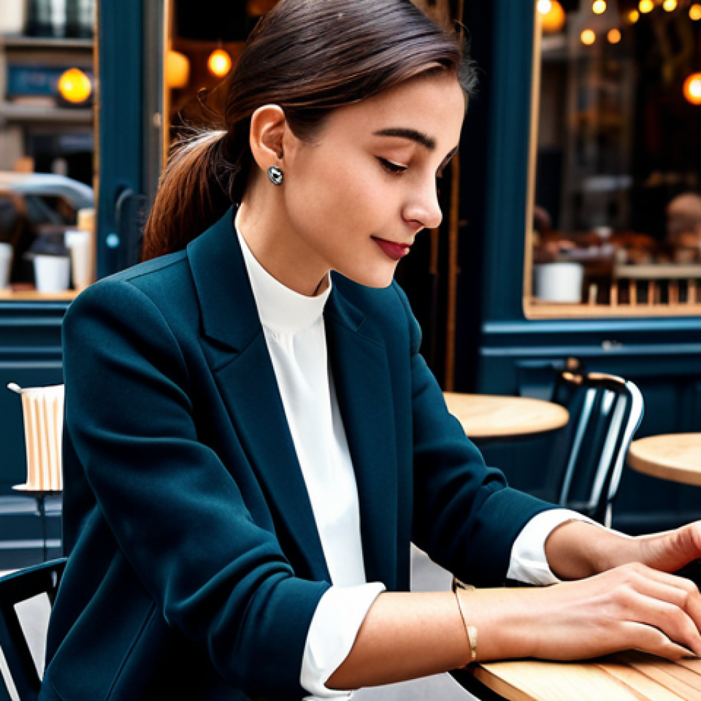 A Stylish Woman Using a Smartwatch in a Parisian Cafe**

Prompt: A fashionable woman sitting at a cafe table in Paris, France, wearing a chic outfit and a modern smartwatch. She's casually checking notifications.  The cafe has classic Parisian decor.  Fully clothed, appropriate attire, safe for work, perfect anatomy, natural proportions, professional, high quality, well-formed hands, proper finger count, modest clothing.

**