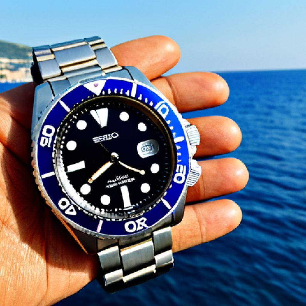 "A close-up shot of a Seiko Diver watch on a tanned wrist, fully clothed, set against a backdrop of the French Riviera coastline, clear blue water visible, appropriate content, safe for work, professional photography, perfect anatomy, well-formed hands, natural pose, modest attire."