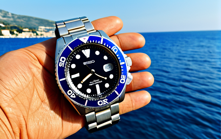 "A close-up shot of a Seiko Diver watch on a tanned wrist, fully clothed, set against a backdrop of the French Riviera coastline, clear blue water visible, appropriate content, safe for work, professional photography, perfect anatomy, well-formed hands, natural pose, modest attire."