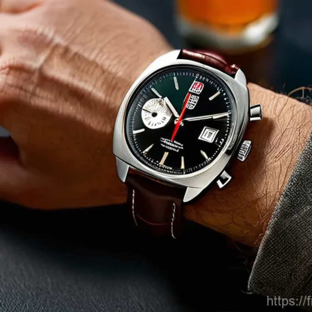 태그호이어 몬자와 포뮬러1 비교 - **Prompt:** A close-up, elegant shot of a vintage-inspired TAG Heuer Monza watch on the wrist of a p...