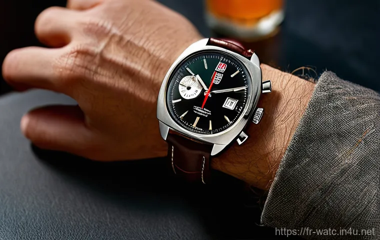 태그호이어 몬자와 포뮬러1 비교 - **Prompt:** A close-up, elegant shot of a vintage-inspired TAG Heuer Monza watch on the wrist of a p...