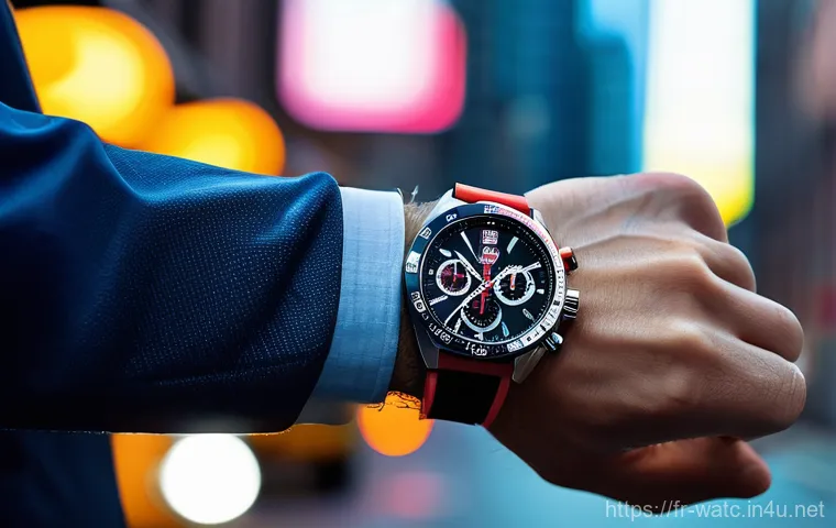 태그호이어 몬자와 포뮬러1 비교 - **Prompt:** A close-up, elegant shot of a vintage-inspired TAG Heuer Monza watch on the wrist of a p...