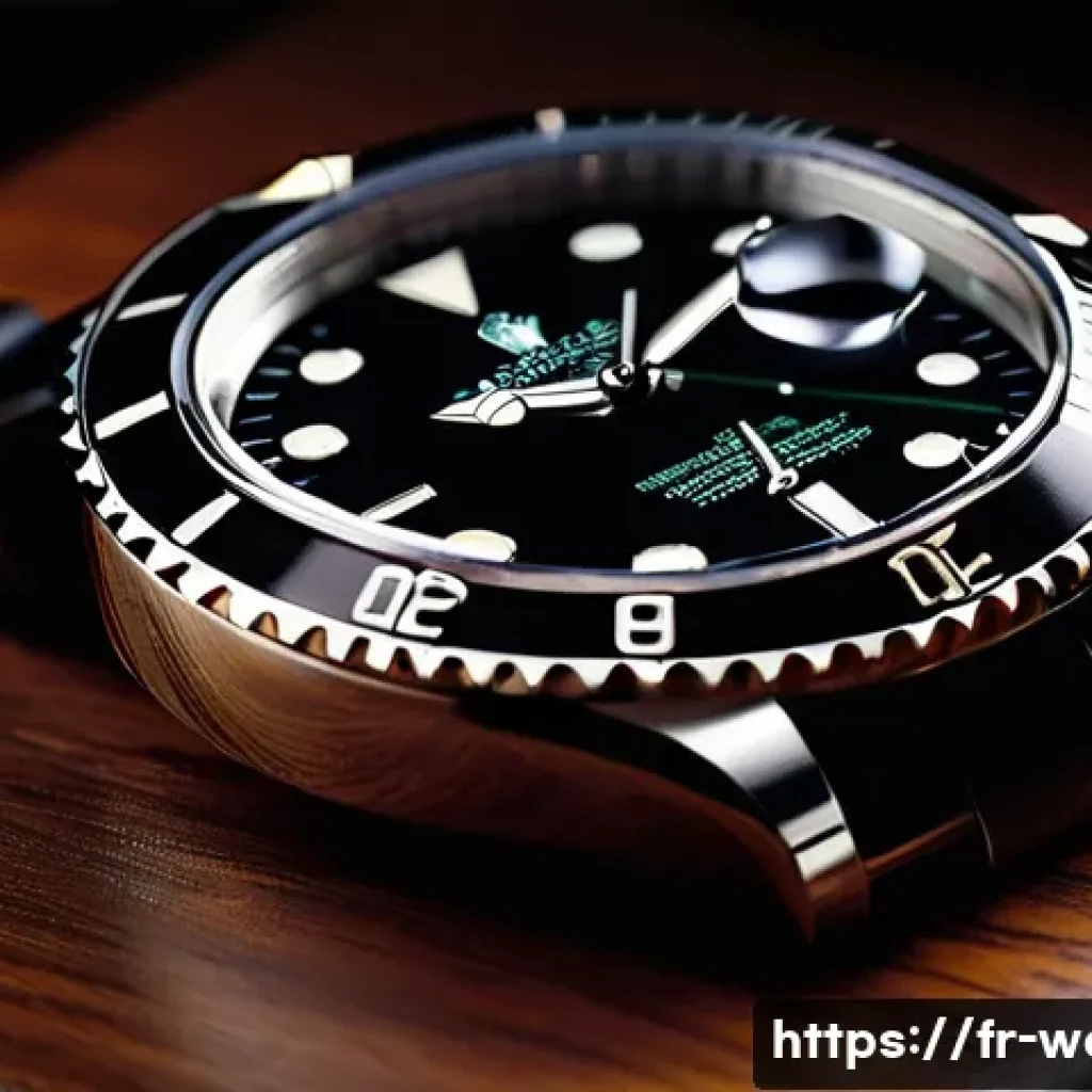 롤렉스의 역사와 기술 혁신 - **Prompt: "A close-up, highly detailed shot of a classic Rolex Submariner Date watch with a black di...