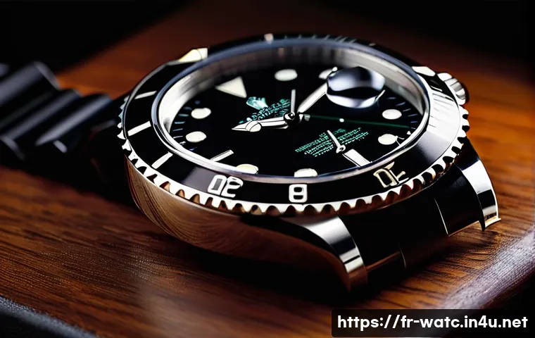 롤렉스의 역사와 기술 혁신 - **Prompt: "A close-up, highly detailed shot of a classic Rolex Submariner Date watch with a black di...