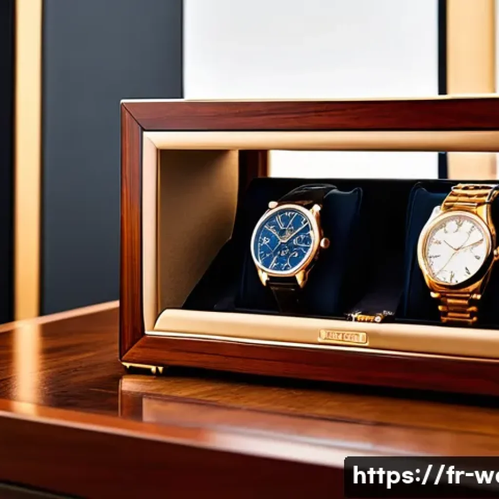 럭셔리 시계 컬렉션 관리법 - A luxurious and secure watch storage setup. In the foreground, a sophisticated wooden watch winder, ...