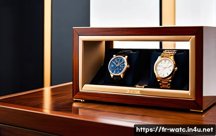 럭셔리 시계 컬렉션 관리법 - A luxurious and secure watch storage setup. In the foreground, a sophisticated wooden watch winder, ...