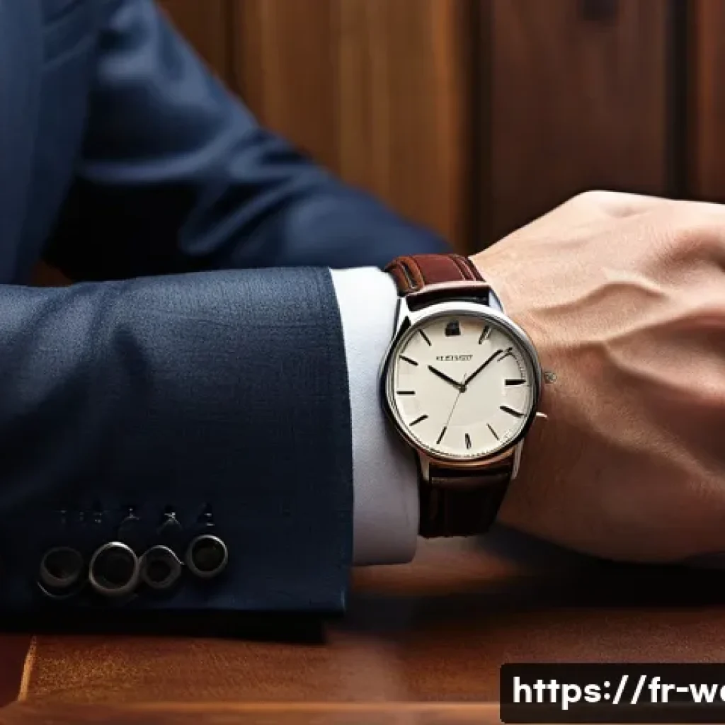 시계 스트랩 선택 요령 - A close-up image of a sophisticated wristwatch with a genuine full-grain leather strap in deep brown...