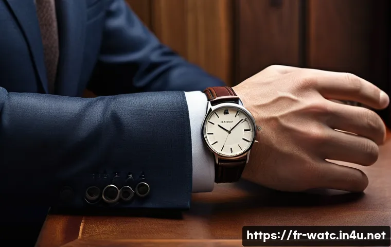 시계 스트랩 선택 요령 - A close-up image of a sophisticated wristwatch with a genuine full-grain leather strap in deep brown...