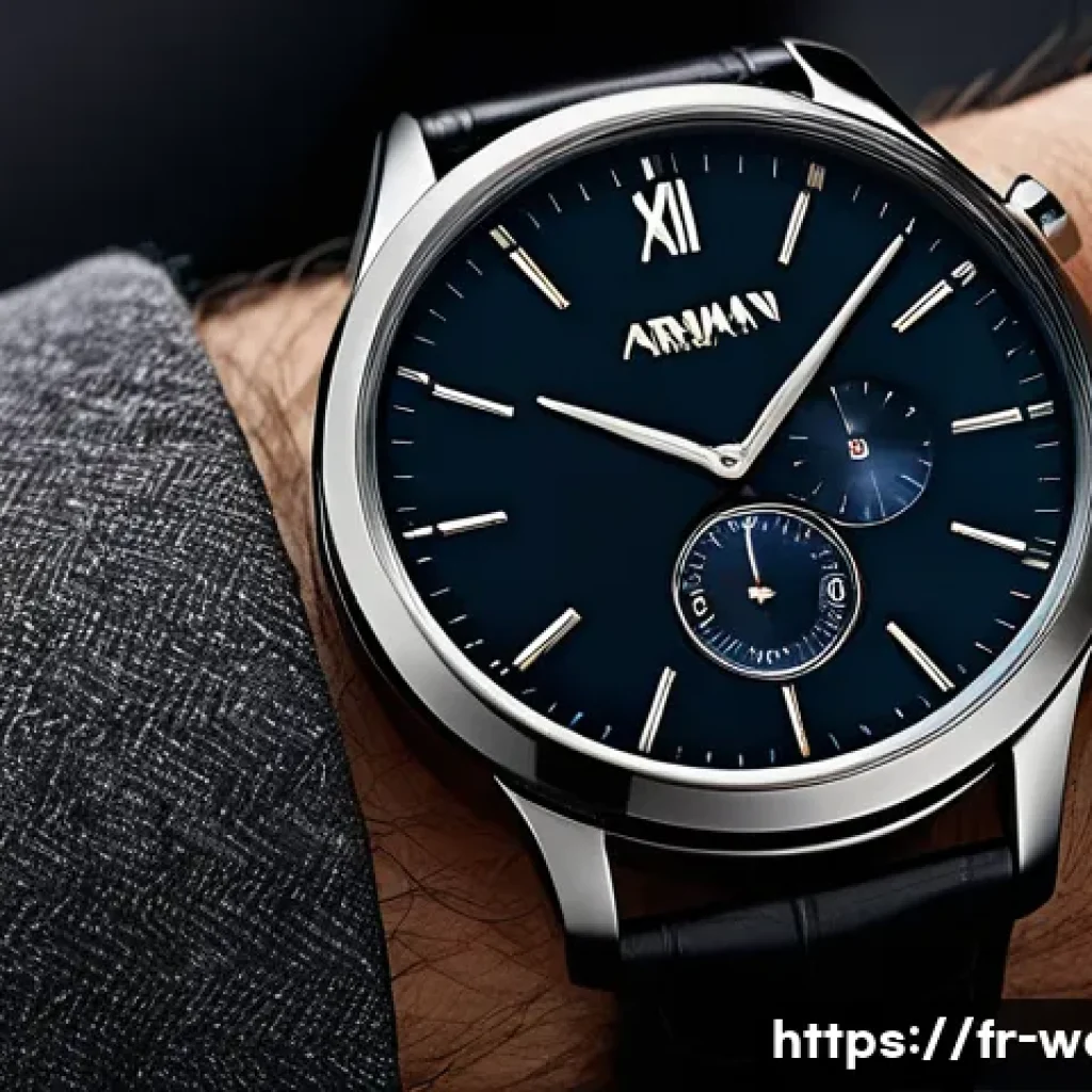 아르마니 스마트워치 기능 비교 - A close-up shot of an elegant Armani connected smartwatch on a wrist, featuring a polished stainless...