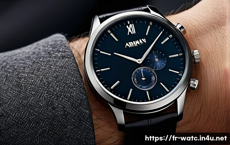 아르마니 스마트워치 기능 비교 - A close-up shot of an elegant Armani connected smartwatch on a wrist, featuring a polished stainless...