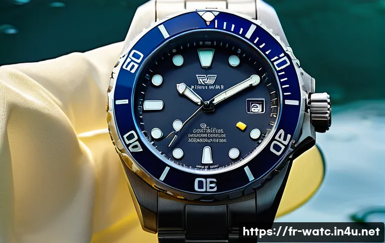 시계 방수 테스트 방법 - A close-up shot of a high-end wristwatch submerged partially in clear water, highlighting the watch&rsquo;...
