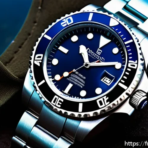 Home 15 다이버 시계 베젤의 기능과 원리 - A close-up, hyper-realistic image of a professional diver’s wristwatch featuring a unidirectional ce...