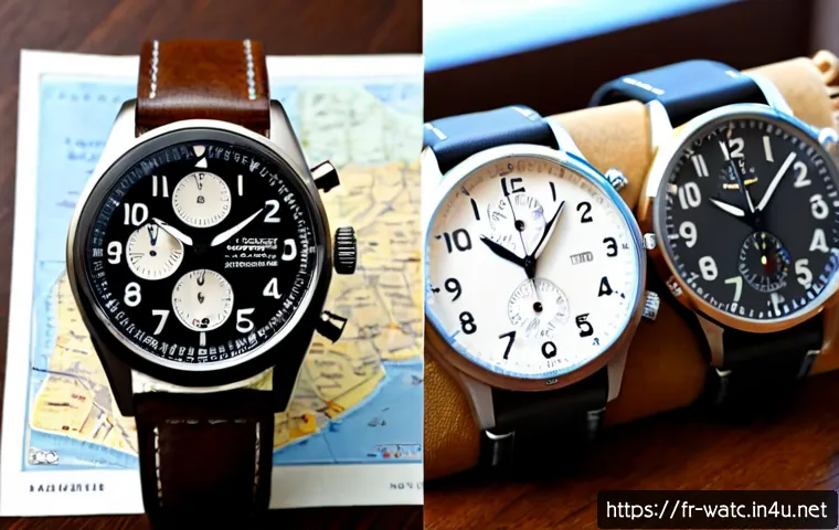 최고의 파일럿 시계 추천 - Photorealistic luxury pilot watch comparison on a dark walnut desk in a refined Parisian apartment, ...