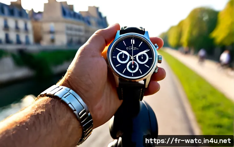 Home 17 크로노그래프 시계의 활용법 - Photorealistic close-up of an elegant stainless steel chronograph wristwatch worn by a French cyclis...